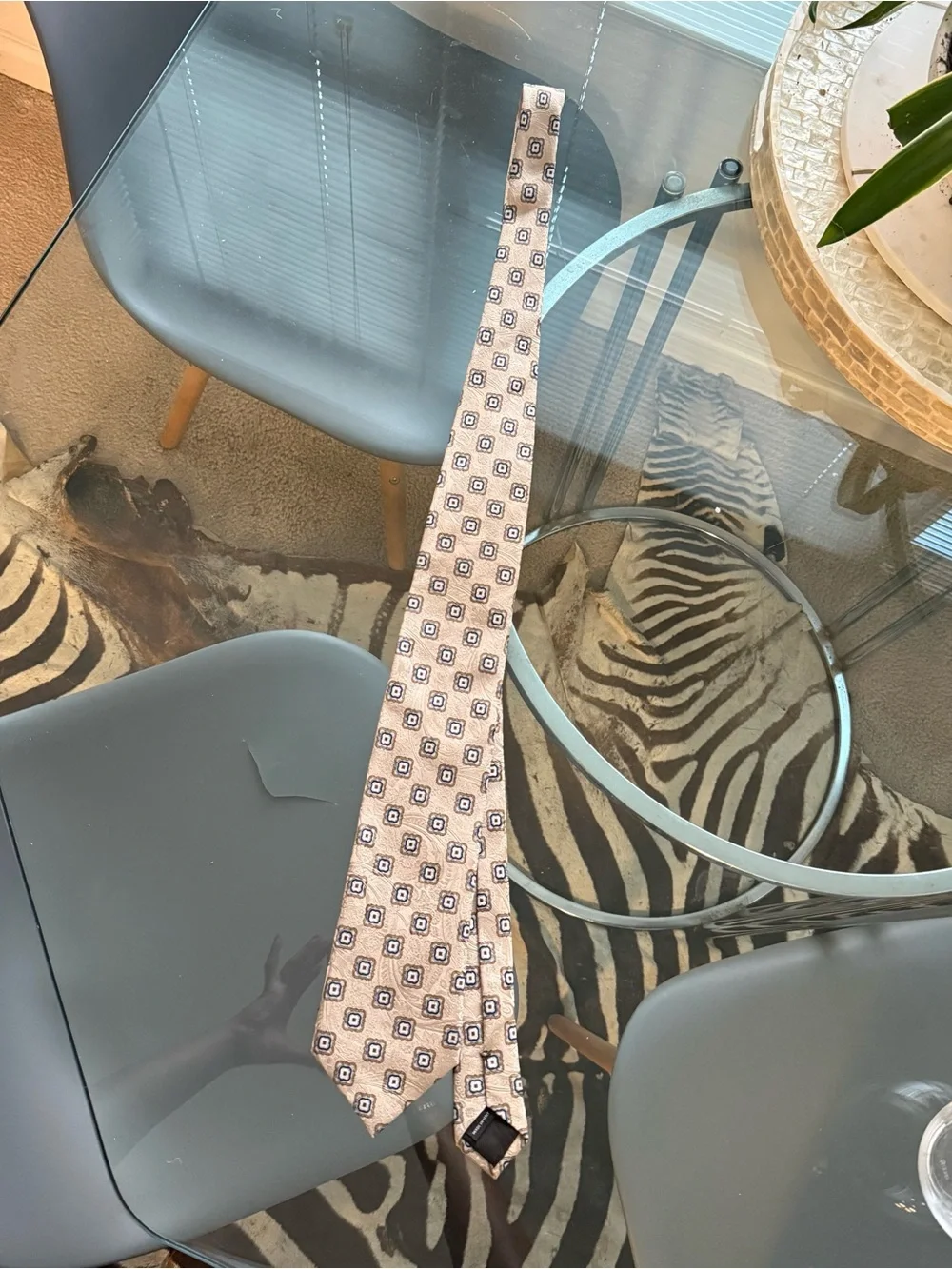 Canali Beige Silk Tie with Navy Square Motif